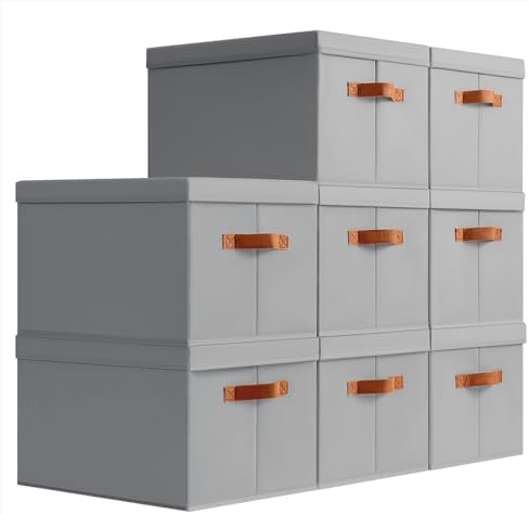 Homsorout Storage Bins with Lids - Large Fabric Closet Bins with Lid, 8 Pack Clothes Organizers and Storage, Collapsible Stackable Cube Basket for Home, Office, Dorm, Grey by Homsorout