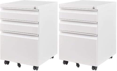 Letaya 3 Drawer Mobile File Cabinet with Lock, Under Desk Metal Filing Cabinets for Home Office Organizer Letters/Legal/A4(Fully Assembled-White) (Pack of 2) by LetayaMetalCabinets