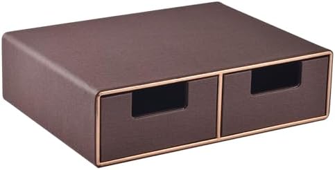 Linen Leather Desk Organizer and monitor stand with Drawers－Mini Desktop Drawer Organizer Stackable－Tabletop Organization Storage Box for Office Supplies Home Vanity Toiletries (Brown, 2-drawers) by RHCSZ