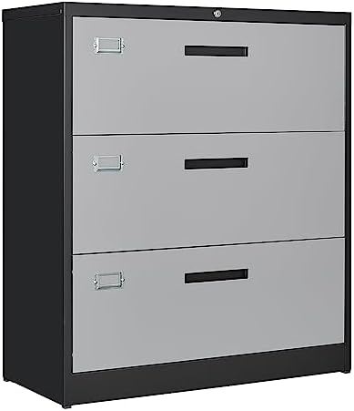 Letaya File Cabinet with Lock-Lateral 3 Drawer Metal Filing Cabinets-Organization Storage for Home Office-Hanging Letter/Legal/F4/A4 Size (Grey Black) by LetayaMetalCabinets