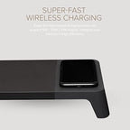 POUT E8 Wood Desk Monitor Computer Stand Riser Shelf + USB HUB + Qi Fast Wireless Charging Charger Pad Mat for Laptop, Apple, iMac, PC, iPhone, Samsung Galaxy, Airpod 2, Buds (Black) - Image 3