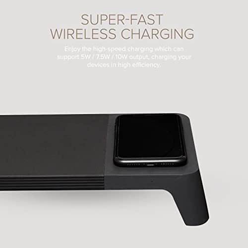 POUT E8 Wood Desk Monitor Computer Stand Riser Shelf + USB HUB + Qi Fast Wireless Charging Charger Pad Mat for Laptop, Apple, iMac, PC, iPhone, Samsung Galaxy, Airpod 2, Buds (Black) - Image 3