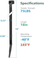 18 inch Black Zip Ties Heavy Duty 1000 Pack Long Cable Ties 75 LBS - Image 2