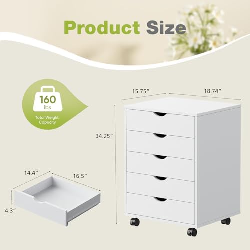 DUMOS 5 Drawer File Cabinet Mobile Vertical Filing Cabinet Wood Storage Dresser with Wheels Rolling Under Desk Printer Stand Organizer for Office Home Bedroom - Image 3