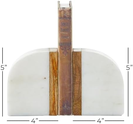 Deco 79 Marble Decorative Bookends 5 lbs Non Skid Bookends with Wood Details, Set of 2 Office Bookends4"W, 5"H, White - Image 6