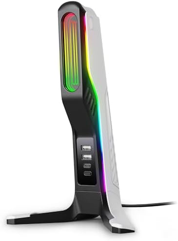 RGB Gaming Headset Stand with 2 USB and 1 Type-C Ports, Game Headphone Mount for PC Computer, Xbox One, Xbox Series S/X, PS5, PS4, Earphone Holder Hanger, Desk Gamer Accessories, Black&White by IFYOO