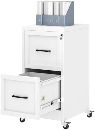 Ckzbx 2 Drawer File Cabinet with Lock, Narrow Vertical Filing Cabinet, Under Desk File Cabinets,White Metal Dresser Cabinets for Home Office,Fit Letter/A4/Legal Size File (Wheel) by Ckzbx