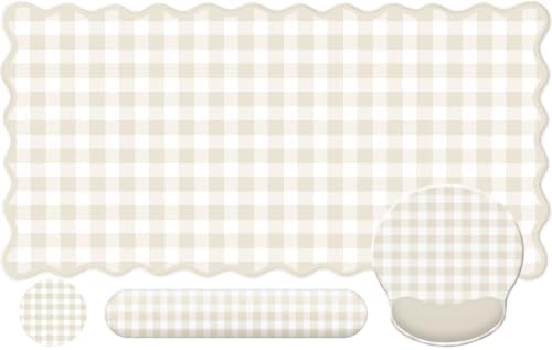 Beige Gingham Scalloped Desk Mat Set, Mouse Pad with Gel Wrist Rest,Ergonomic Keyboard Wrist Support for Women Non-Slip Desk Pad Home Office Decor by Unknown