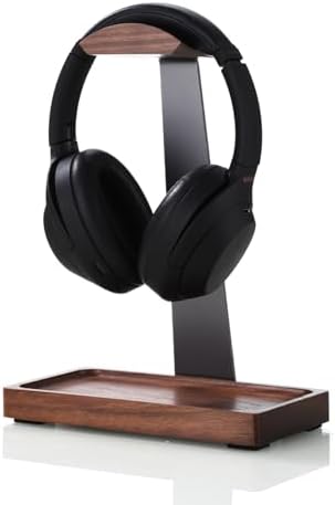 Walnut Headphone Stand, Wood Headset Holder with Storage for Desk by TechVibeJoy