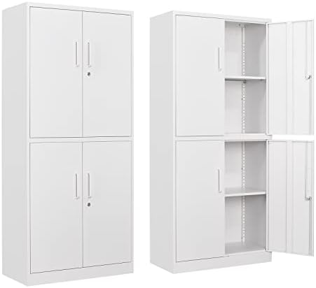 Yizosh Metal Storage Locking Cabinet with 4 Doors and 2 Adjustable Shelves,71" Lockable Garage Tall Steel Cabinet,for Home Office,Living Room,Pantry,Gym,Commercial Storage (White) by Yizosh