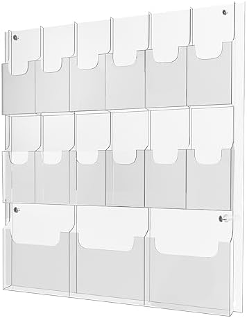 Acrylic Brochure Pamphlet Holder, 3 Magazine Holders and 12 Pamphlet Holders, Clear Brochure Display Holder Wall Mount, Trifold Flyer Rack, Literature Storage Rack for Home, Offices, Waiting Room by Nalwort