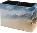 PU Leather Multi-Compartment Pen Holder Desktop Organizer Pencil Cup Storage Caddy for Office Home Supplies Wolf Wolves Yelling to The Sky Stand On Mountains Gray Forests Foggy Secenery - Image 7
