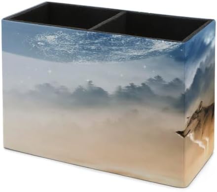 PU Leather Multi-Compartment Pen Holder Desktop Organizer Pencil Cup Storage Caddy for Office Home Supplies Wolf Wolves Yelling to The Sky Stand On Mountains Gray Forests Foggy Secenery - Image 7