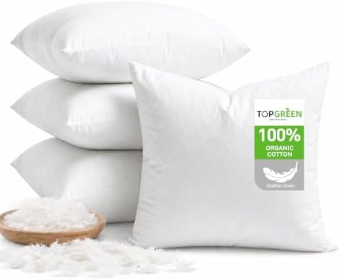 TOPGREEN Ogranic Feathers Down Pillow Inserts 16x16, Pack of 4, White by TOPGREEN