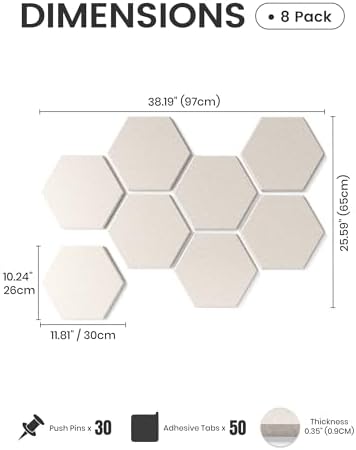 Fluxynara 8-Pack Hexagon Felt Bulletin Board Tiles, Oatmeal - Image 2