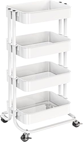 Pipishell 4 Tier Metal Rolling Utility Cart with 2 Lockable Wheels, White by Pipishell
