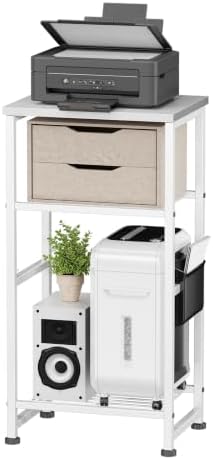Industrial 3 Tier Printer Stand Fits A4/Letter Size, Home Printer Wood Table with Wire Storage Shelf for Scanner Fax Machine, Heavy Duty Metal, White with Burly Wood Board by MWQ