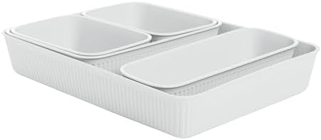 Superio Decorative Plastic Desk Drawer Organizer Tray, White Smoke (Set of 5) Open Home Storage Bins Organizer Baskets, for Organizing Closet Shelves Drawer Shelf - Ribbed Collection by Superio