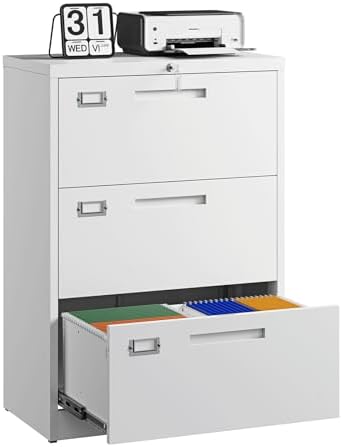 Letaya 3 Drawer File Cabinets with Lock,Metal Lateral Filing Storage Cabinet Printer Stand,White Steel Home Office Cabinet for Hanging Files Letter/Legal/A4 Size (White, H39.84×W28.35×D15.74) by LetayaMetalCabinets