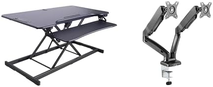 Rocelco 46" Electric Standing Desk Converter with AC Outlet USB Charger and Dual Monitor Arm Mount - Motorized Adjustable Sit Stand Riser - Tabletop Workstation Keyboard Tray - Black (R EDRB-46-MA2) by Rocelco