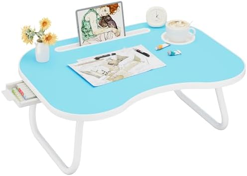 Lap Desk for Laptop Bed Trays for Eating and Laptops Breakfast in Bed Laptop Stand TV Trays for Bed with Cup Holder/Drawer for Sofa/Couch Portable Foldable (Blue, L(23×16")+Drawer) by Unknown