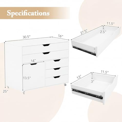 GIANTEX File Cabinet, Rolling Lateral Filing Cabinet with Wheels, 5 Drawers, Load 220 Lbs, Office Craft Storage Organization, Mobile Storage Organizer, Printer Stand for Home Office (White) - Image 3