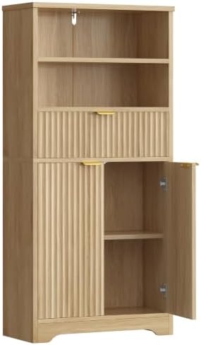 TEENFON Tall Storage Cabinet with Adjustable Shelf & Drawer, Fluted Cabinet with Doors, Kitchen Pantry Cabinets, Bathroom Storage Cabinets, for Living Room, Entryway, Home Office, Natural by TEENFON