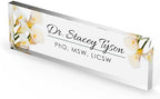 Artblox Personalized Office Desk Name Plate and Business Card Holder | Clear Acrylic Glass with Teak Wood Stand | Calla Flowers Design Customized with Your Name and Credentials Office Desk Decor - Image 5