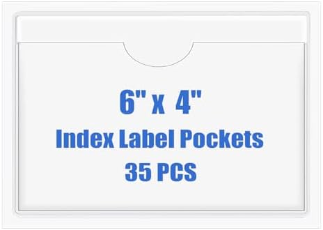 Origin-Joy 35 PCS Self Adhesive Index Card Pockets with Top Open, Clear Plastic Label Holder for Cards of Note, Library and Business, Adhesive Label Pockets & Card Holder (6 x 4 inch) by Origin-Joy