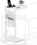 Vagusicc C Shaped End Table with Charging Station, 32" Tall Side Table for Couch and Recliner, Adjustable Height Small Couch Side Table Slide Under Sofa TV Tray Table for Living Room, Bedroom, White by Vagusicc