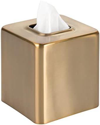 mDesign Metal Square Tissue Box Cover, Modern Facial Paper Holder - Accessories for Bathroom Vanity Countertop, Bedroom Dresser, Night Stand, Desk, Office and End Table - Unity Collection - Soft Brass by mDesign