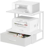 Printer Stand with Storage for Desk, with Fabric Drawer Desktop Printer Stand Shelf Organzier for Home Office, for Above and Under Desk Printer Table, Fax Machine Copier Scanner, White by VYUOL