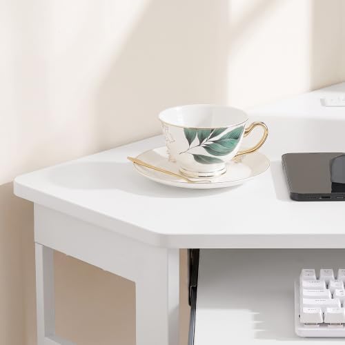 VECELO Corner Desk, Triangle Computer Desk for Small Space with Charging Station and Keyboard Tray, Corner Makeup Table with Storage Shelves for Home Office Bedroom, 41x30, White - Image 5