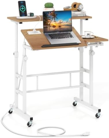 Giantex Modern Natural Standing Desk, Height Adjustable Sit Stand Computer Desk, 27.5" D x 22" W x 49.5" H, 3 Shelves, Black Base, Wood Grain Top, for Office, Studying, Working, Fitness by Giantex