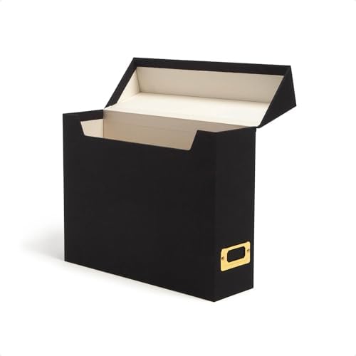SMEAD Flip Top File Box, 10" x 3.7" x 13", Black Natural Linen, Gold Metal Nameplate (70233) by SMEAD