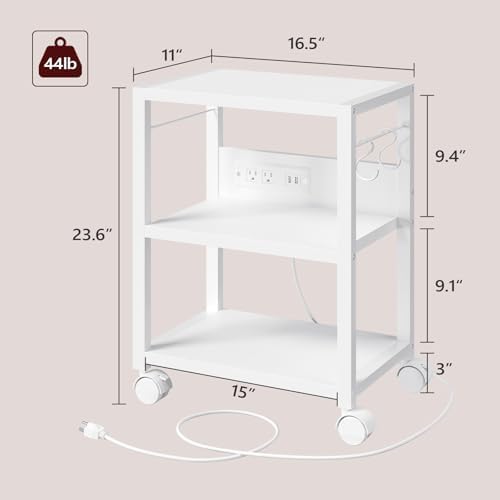 MAHANCRIS Industrial Printer Cart, 3-Tier Mobile Printer Stand, Rolling Cart with 2 AC Outlets and 2 USB Ports, Home Printer Stand with 2 Hooks, for Office, Living Room, White PTWT40E01 - Image 4