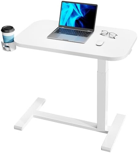 HUANUO 32Inch Bedside Table with Wheels, Height-Adjustable Rolling Computer Cart, Overbed Table with Cup Holder, Pneumatic Laptop Standing Desk for Home Office, White by HUANUO