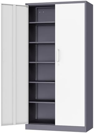 Fesbos Metal Cabinet Steel Storage Cabinet - 71” Tall Steel File Cabinets with Lockable Doors and 5 Adjustable Shelves Gray&White Storage Cabinets for Home, School, Office, Garage by Fesbos