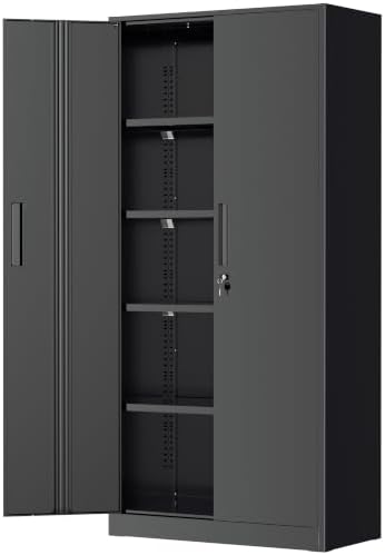 Greenvelly Storage Cabinet, 72” Black Garage Steel Locking Cabinet with Doors and 4 Adjustable Shelves, Tall Lockable File &Tool Cabinet for Home Office, Metal Classroom Cabinet Basement by Greenvelly