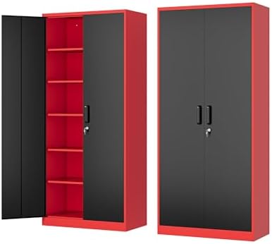 Fesbos Metal Storage Cabinet-72” Tall Steel File Cabinets with Lockable Doors and Adjustable Shelves-Black&Red Steel Storage Cabinet for Home, School, Office, Garage by Fesbos