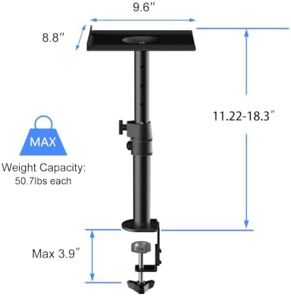 suptek Tall Clamp-on Speaker Stands Desk Mount, Height Adjustment, Tilt, Swivel, 9.6 x 8.8 Trays, Universal Audio Holders for Computer and Bookshelf Speakers, Elevated Sound, 2 Pack, Black, SDM001H - Image 4