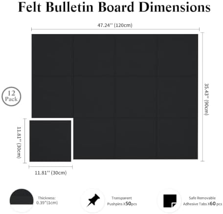 48" x 36" Decorative Bulletin Boards, Large Cork Board Alternative | 50 Pushpins, 60 Adhesive Tabs, Solid-Tile 12-Pack Felt Wall Tiles, Cork Boards for Office Push Pin Board Felt Board, Black - Image 3
