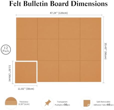 48" x 36" Decorative Bulletin Boards, Large Cork Board Alternative | 50 Pushpins60 Adhesive Tabs, Solid-Tile 12PC Felt Wall Tiles, Cork Boards for Office Push Pin Board Felt Board, Creamy Coffee - Image 3
