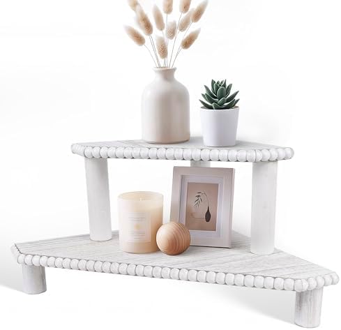 2-Tier Rustic Corner Shelf for Kitchen Counter,Wood Beaded Farmhouse Countertop Organizer with Removable Feet, Stackable Bathroom Vanity & Coffee Bar Decorative Riser Stand(Rustic White) by MITREL