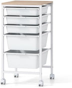 Giantex Rolling Storage Cart with 5 Drawers, Utility Cart w/Wooden Tabletop, Lockable Wheels, Multipurpose Organizer for Art Craft Books Paper, Drawer Carts for Dorm Classroom Office, White by Giantex