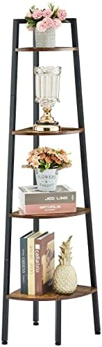 Hoctieon Corner Shelf, 4-Tier Corner Bookshelf, Rustic Ladder Shelf, Industrial Display Stand for Living Room, Kitchen, Home Office, Balcony, Small Space, Metal Frame, Rustic Brown - Image 5