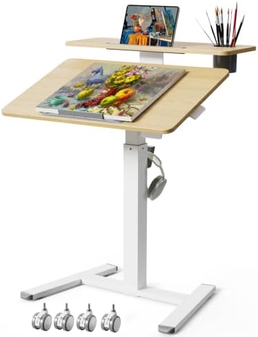 28" Mobile Standing Desk, Tiltable Top with 2-Tier Shelves, Maple by LiftSync