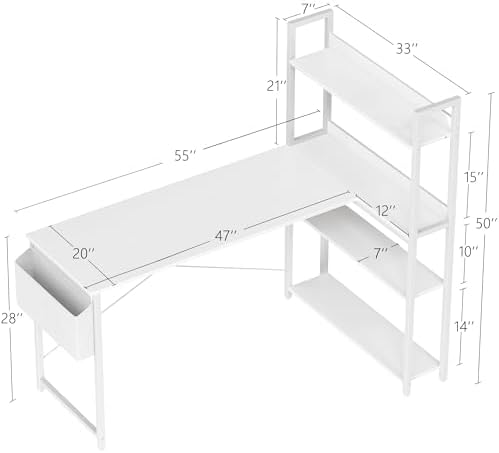 Treesland 55 Inch Computer Desk with Bookshelf, Corner Desk with Storage, L Shaped Desk, Home Office Desks, Writing Study Desk for Bedroom, White - Image 3