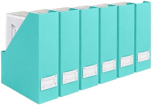 BLU MONACO Set of 6 Aqua Magazine File Holders | Foldable Magazine Storage Boxes with White Leather Label Holders | Vertical File Organizer for Desk, Shelves & Home Office by Blu_Monaco