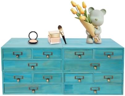4 Pcs Vintage Desktop Organizer Set, Wooden 12 Drawer Storage Cabinets with Metal Handles & Label Slots, Stackable Apothecary Chest for Office, Herb, Tea, Jewelry and Stationery Organization (Blue) by Unknown